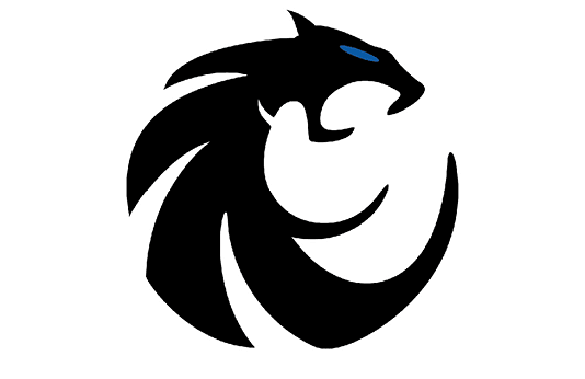 A stylized black panther head with a blue eye, designed in a circular, abstract shape. Description generated by AI
