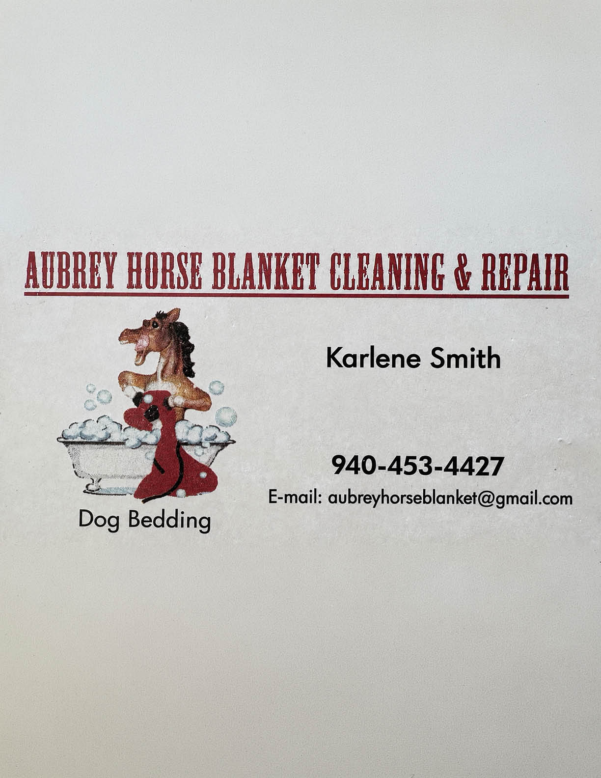 A business card for Aubrey Horse Blanket Cleaning & Repair featuring a cartoon horse in a bathtub with soap bubbles, contact information for Karlene Smith, and a note about dog bedding. Description generated by AI
