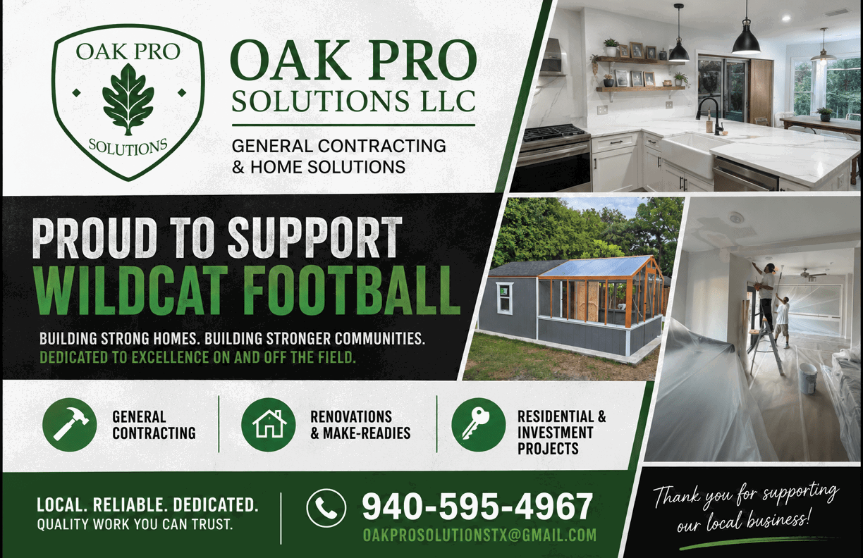 Advertisement for Oak Pro Solutions LLC promoting general contracting and home solutions with images of modern kitchen interiors and support for Wildcat Football. Description generated by AI