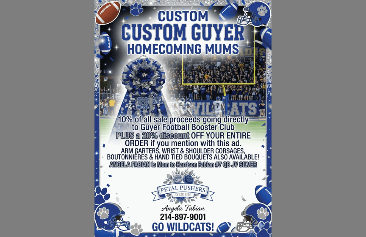 Custom homecoming mums advertisement featuring a large blue and silver mum with football-themed decorations, a crowd in a stadium background, and text promoting sales benefiting a football booster club with contact information. Description generated by AI