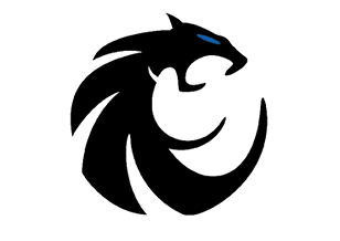 A stylized black panther head with a blue eye, designed in a circular, abstract shape. Description generated by AI