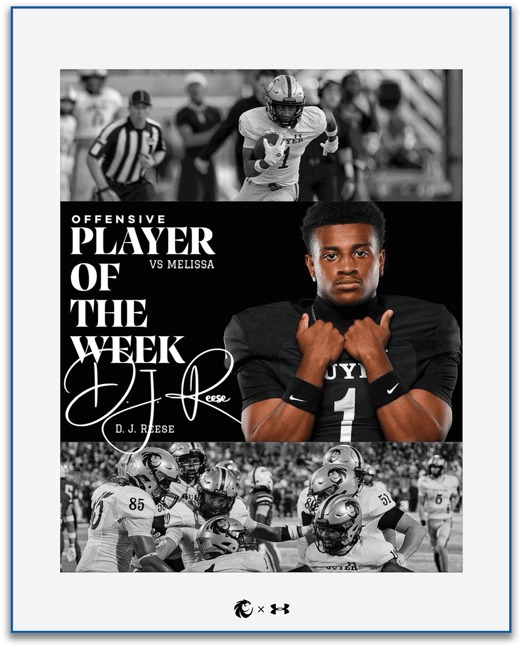 A sports graphic highlights an athlete wearing a black football uniform with the number one as the offensive player of the week against Melissa, featuring action shots of a football game in black and white. Description generated by AI