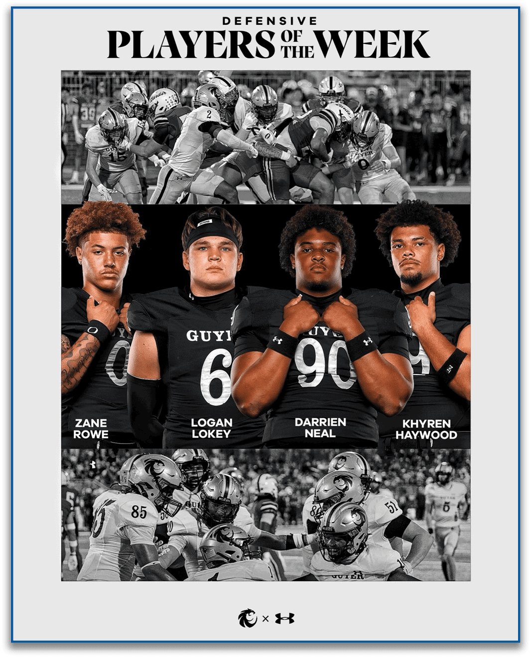 Four athletes in black football uniforms are featured as defensive players of the week with action shots of a football game above and below them. Description generated by AI