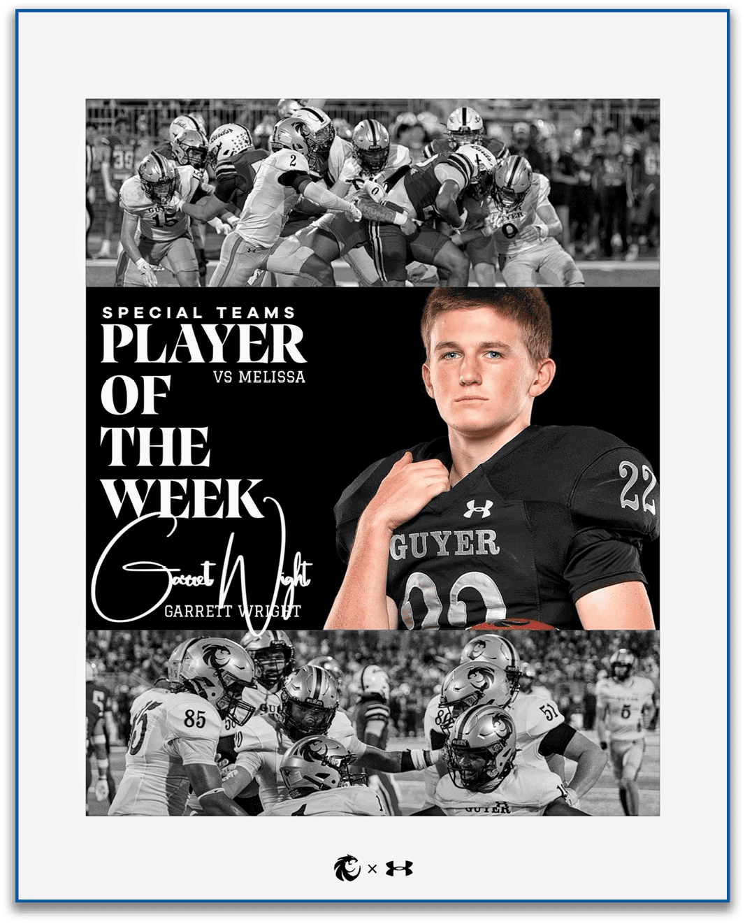 A sports graphic features a person in a football uniform with the number 22 and the name Guyer, named special teams player of the week against Melissa, with action shots of a football game in black and white above and below the central portrait. Description generated by AI