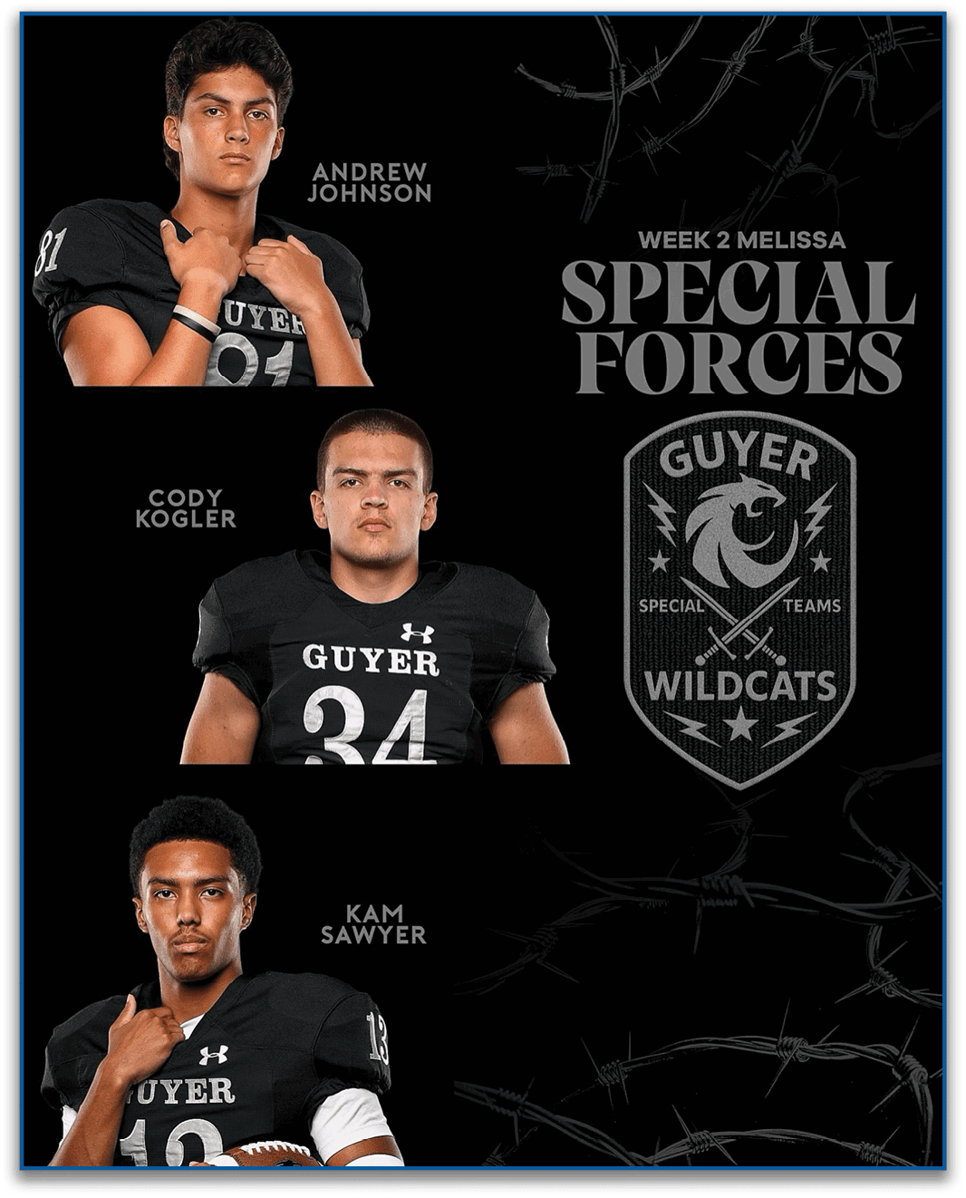 Three adults wearing black football uniforms with the word Guyer and numbers 81, 34, and 13 pose against a black background with text reading Week 2 Melissa Special Forces and a Guyer Wildcats logo. Description generated by AI