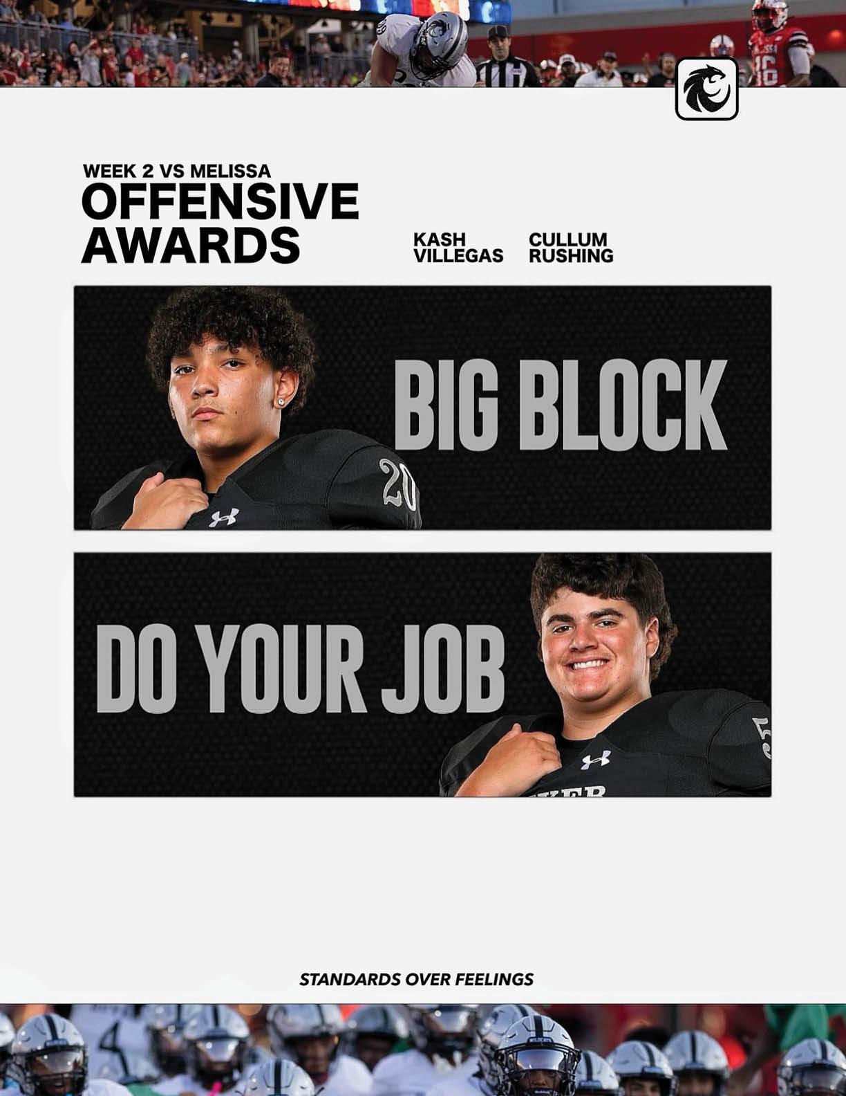 Two people in sports uniforms are featured with bold text awards reading Big Block and Do Your Job for week 2 versus Melissa. Description generated by AI
