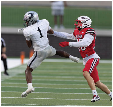 Two people wearing athletic clothing are running or jumping on a football field near the sideline. Description generated by AI