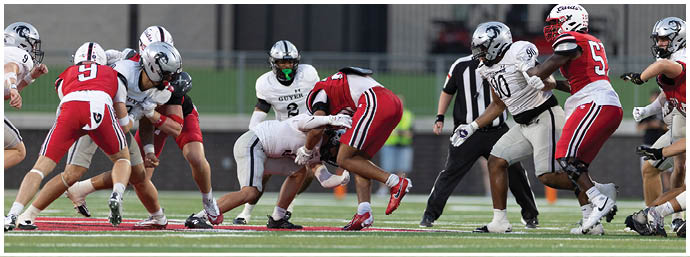 People in football uniforms are engaged in a play on a field with some players tackling and others preparing to block or run. Description generated by AI