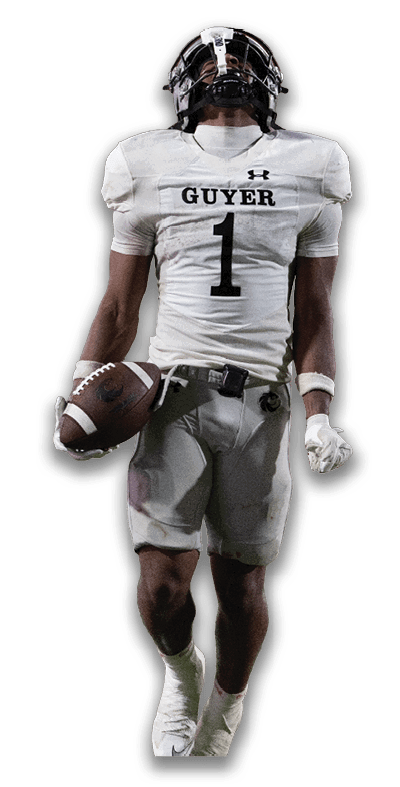 A person wearing a white football jersey with the letters “GU" visible and a black helmet is shown from the shoulder up against a white background. Description generated by AI