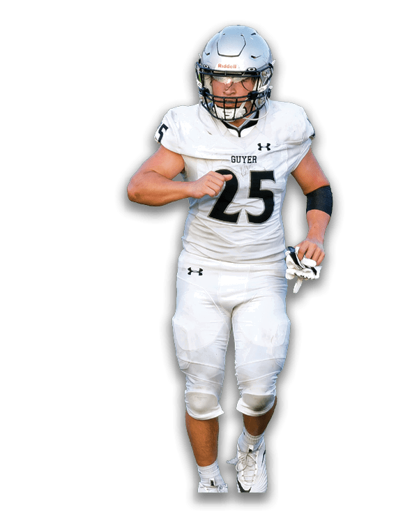 A person wearing a white football uniform with the number 25 and a silver helmet is running forward. Description generated by AI