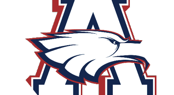 A stylized graphic design featuring bold, angular shapes in dark blue and red on a white background. Description generated by AI
