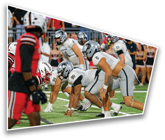 People in football uniforms are lined up on a field preparing for a play during a game with spectators in the background. Description generated by AI