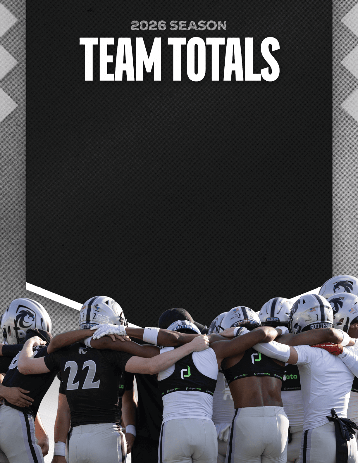 A group of people wearing sports uniforms are standing in a huddle with their arms around each other beneath a black banner that reads “2026 Season Team Totals." Description generated by AI