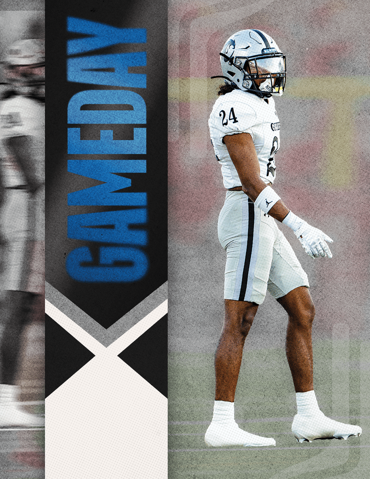 A person in a white football uniform with the number 24 stands on a field next to a vertical banner that reads GAMEDAY in blue letters. Description generated by AI