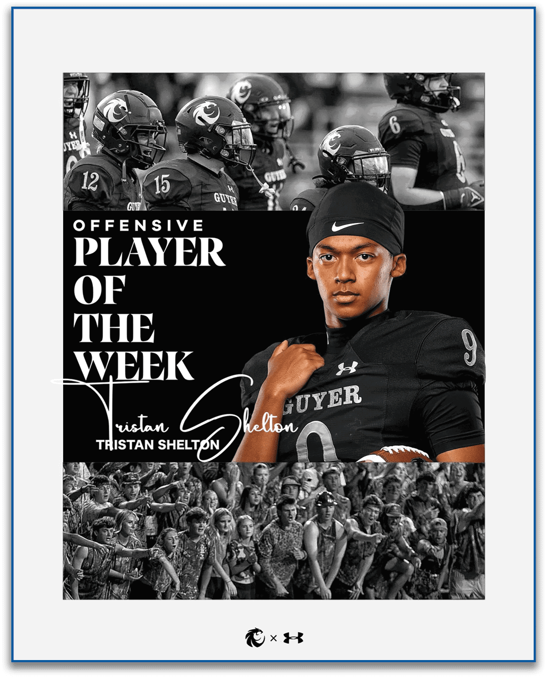 A sports graphic highlights an athlete named Tristan Shelton as the offensive player of the week, featuring him in a football uniform holding a football, with a background of teammates and a cheering crowd. Description generated by AI