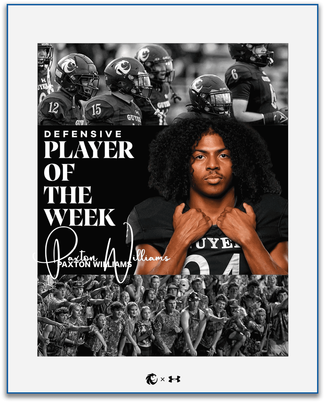 A person with curly hair in a football uniform is featured as the defensive player of the week with a background of teammates and a crowd in black and white. Description generated by AI