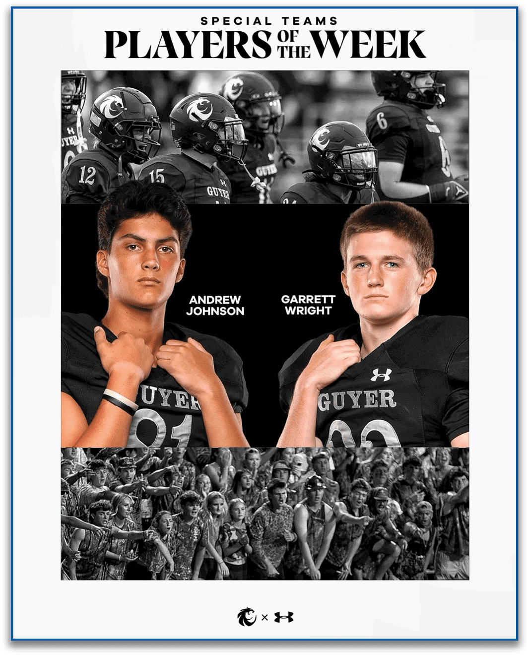 Two athletes in football uniforms pose confidently with their arms crossed in front of a black background, flanked by black and white images of a football team and a crowd of spectators. Description generated by AI