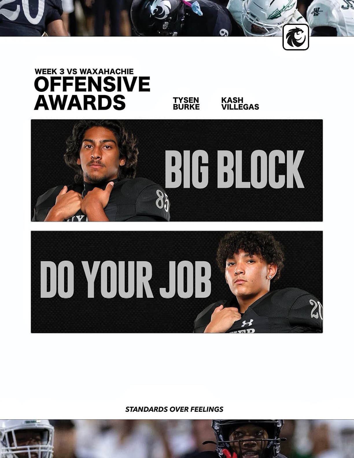 Two adults in football uniforms are featured with text highlighting offensive awards for Week 3 against Waxahachie, titled Big Block and Do Your Job. Description generated by AI
