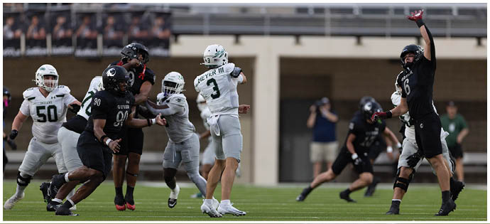People in sports uniforms are actively playing football on a field with one person preparing to throw the ball. Description generated by AI