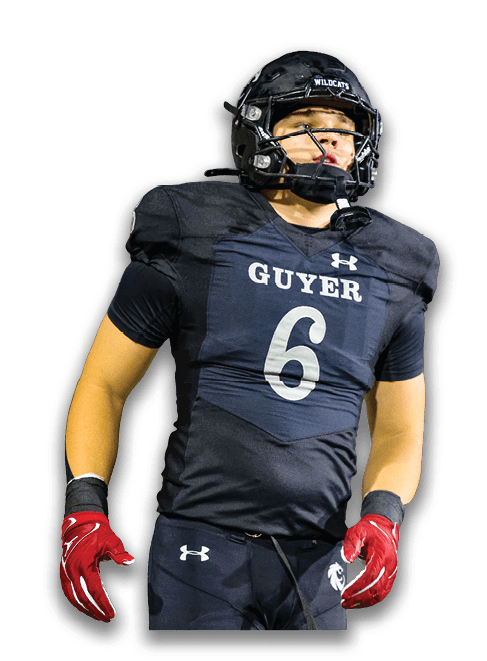A person wearing a dark sports jersey with the word “GUYER," the number 6, and an Under Armour logo. Description generated by AI