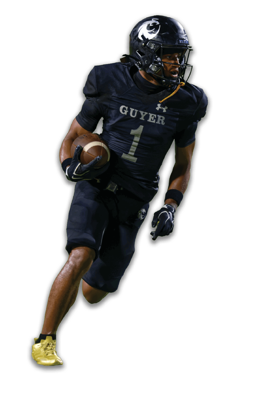 Four people in football uniforms are engaged in a play, with one person running while holding the ball and others positioned around them. Description generated by AI