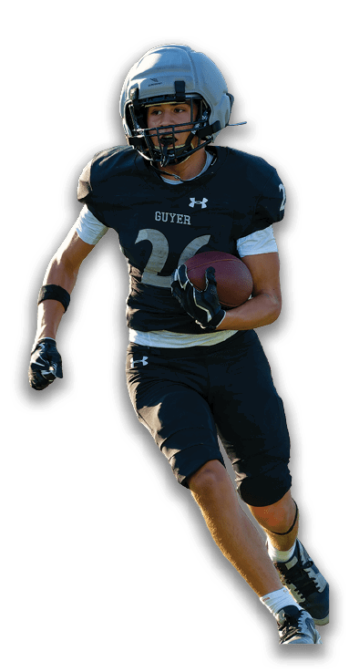 A person wearing a black football uniform with the number 24 and the word Guyer is running while holding a football. Description generated by AI