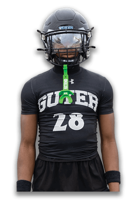A person wearing a black football helmet with a clear visor and a black sports shirt with the word “RUGER" and the number 28 printed on it. Description generated by AI