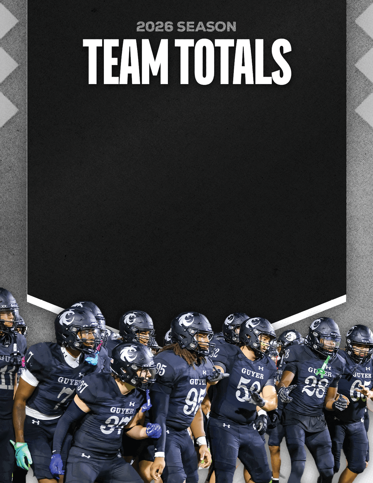 A group of people wearing black football uniforms and helmets are gathered together on a field under a black banner that reads 2026 season team totals. Description generated by AI