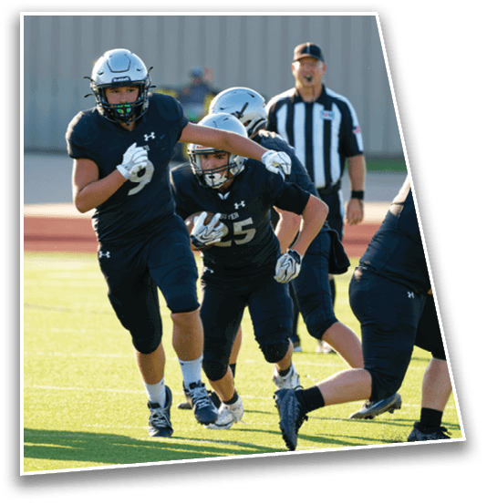 People wearing black football uniforms and helmets are actively engaged in a play on a sunlit football field. Description generated by AI