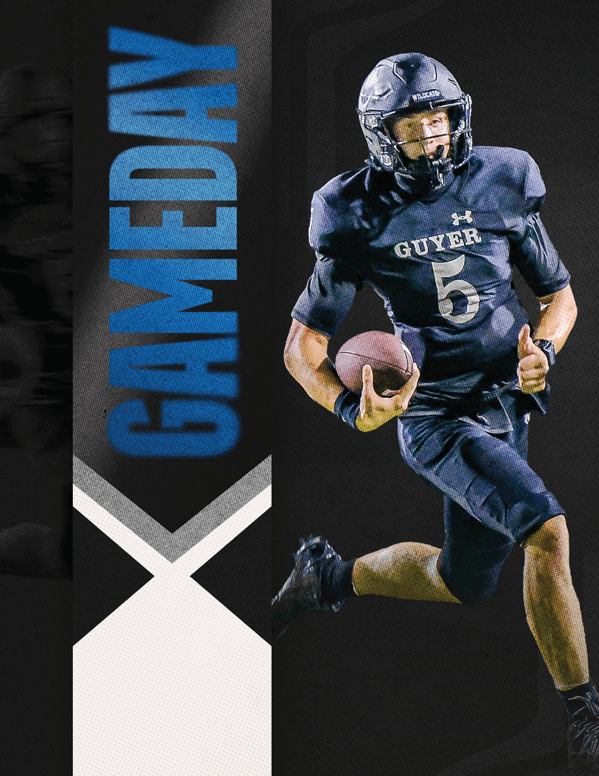 A person in a dark football uniform with the number 6 is running with a football against a black background with the word GAMEDAY in large blue letters. Description generated by AI