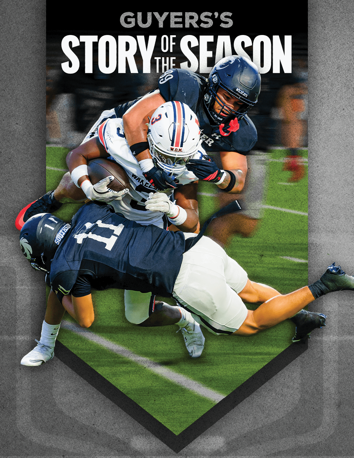Three football players in action with one player in a white uniform holding the ball while two players in dark uniforms tackle them on a green field with text above reading “Guyers's Story of the Season." Description generated by AI