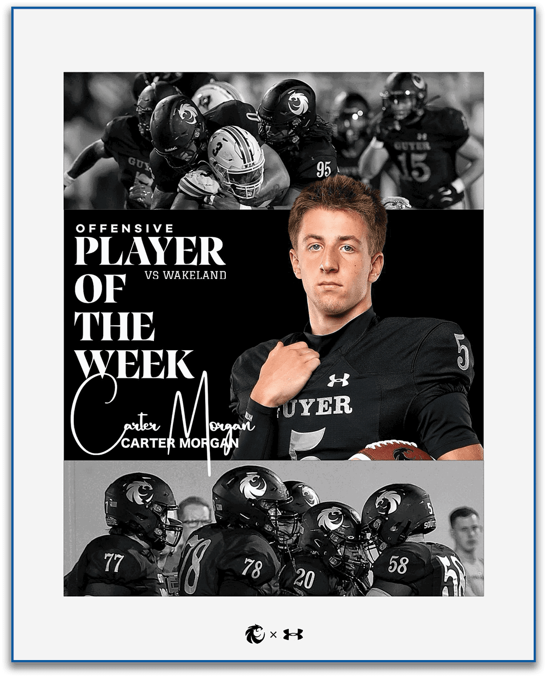 A sports graphic featuring a person in a black football uniform holding a football with text announcing them as the offensive player of the week against Wakeland, surrounded by black and white images of football players in action. Description generated by AI