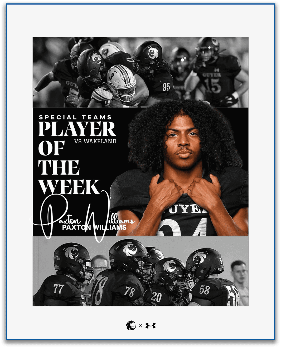 A sports graphic features a person with curly hair in a black football jersey with the number 24, labeled as the special teams player of the week against Wakeland, surrounded by action shots of football players in black uniforms. Description generated by AI