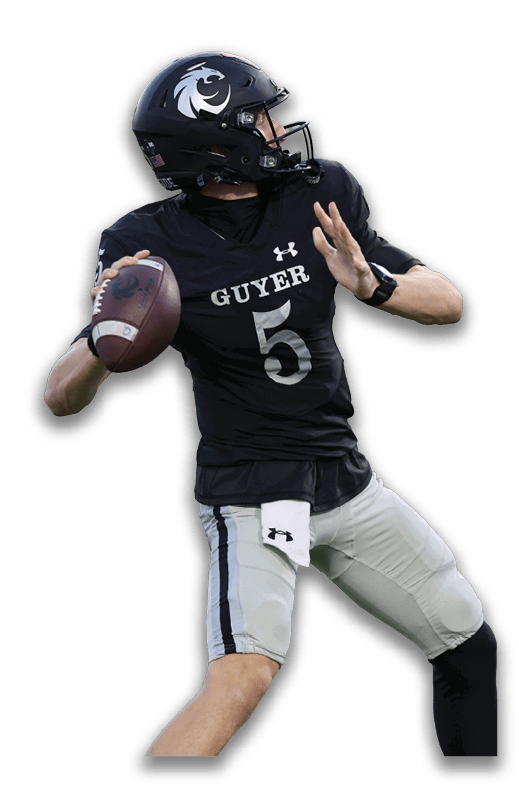 A person wearing a black football uniform with the number five and the word “GUYER" is preparing to throw a football. Description generated by AI