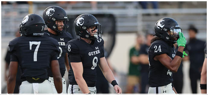 Two football players wearing black helmets with a white logo are on the field with blurred spectators in the background. Description generated by AI
