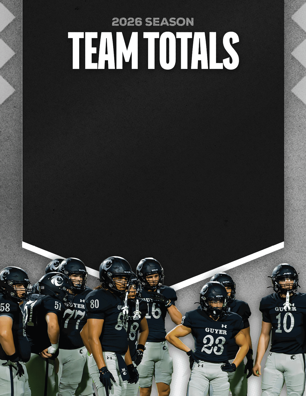 A group of people wearing black football uniforms and helmets stand together under a banner that reads 2026 Season Team Totals. Description generated by AI