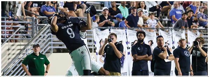 A person in a dark sports uniform jumps to catch a ball while several people in casual and sports attire watch from the sidelines of a stadium. Description generated by AI