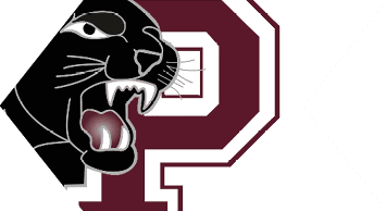 A stylized black panther head with an open mouth is integrated with a large maroon letter P outlined in white. Description generated by AI