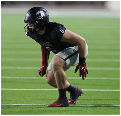 A person wearing black socks and red cleats is standing on a green artificial turf field. Description generated by AI