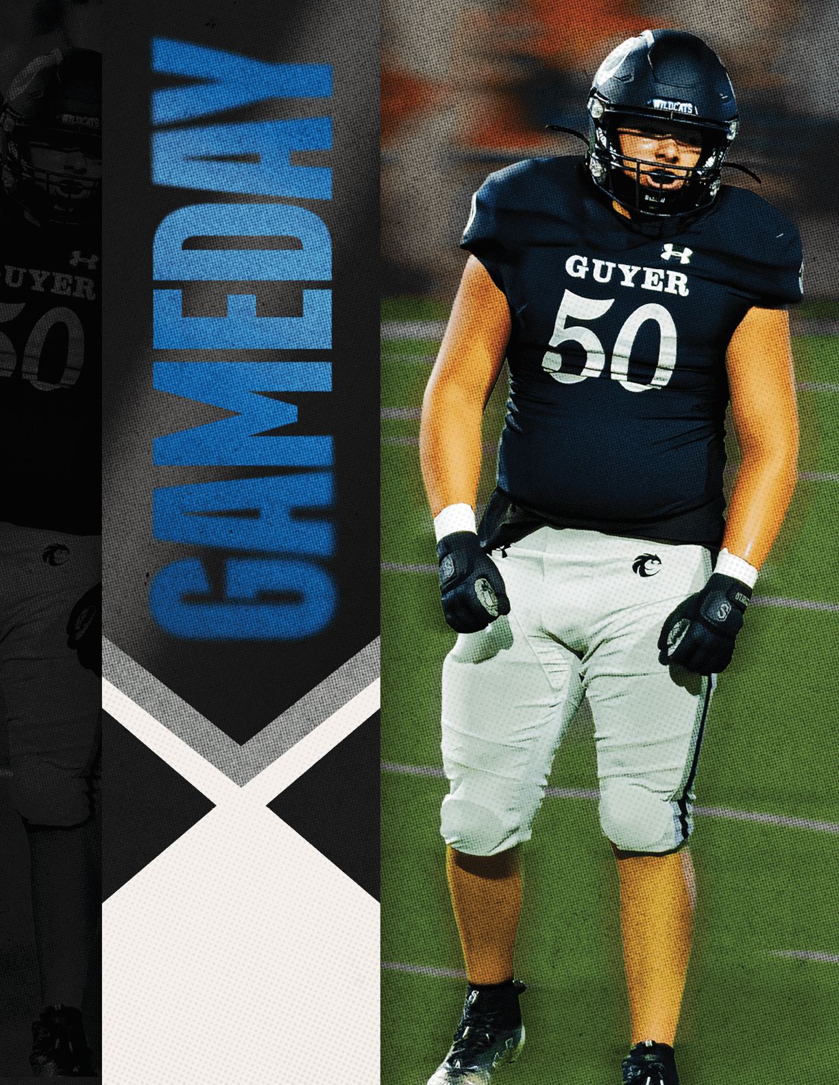 A person wearing a black football uniform with the number 50 and the word “Guyer" stands on a football field next to a vertical banner that reads "GAMEDAY" in blue letters. Description generated by AI