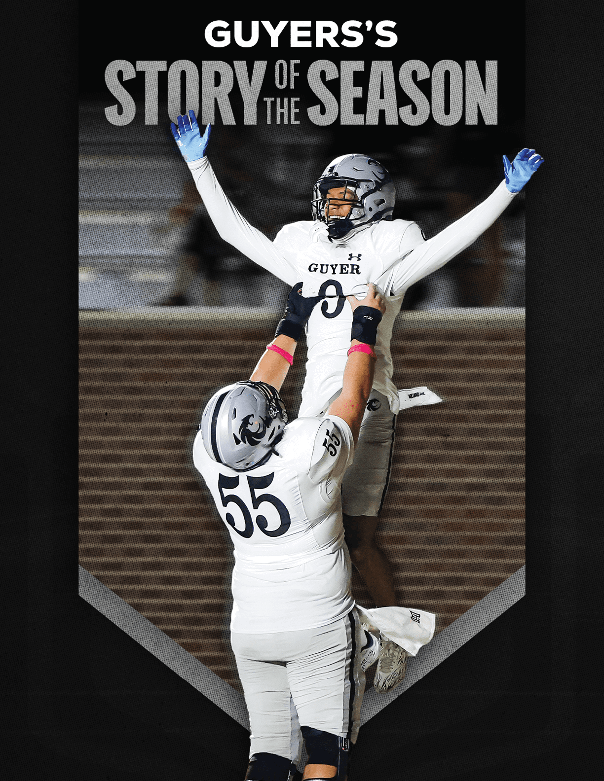 Two people in white football uniforms celebrate on a field with one person lifting the other while the lifted person raises their arms in triumph under the text “Guyers's Story of the Season." Description generated by AI