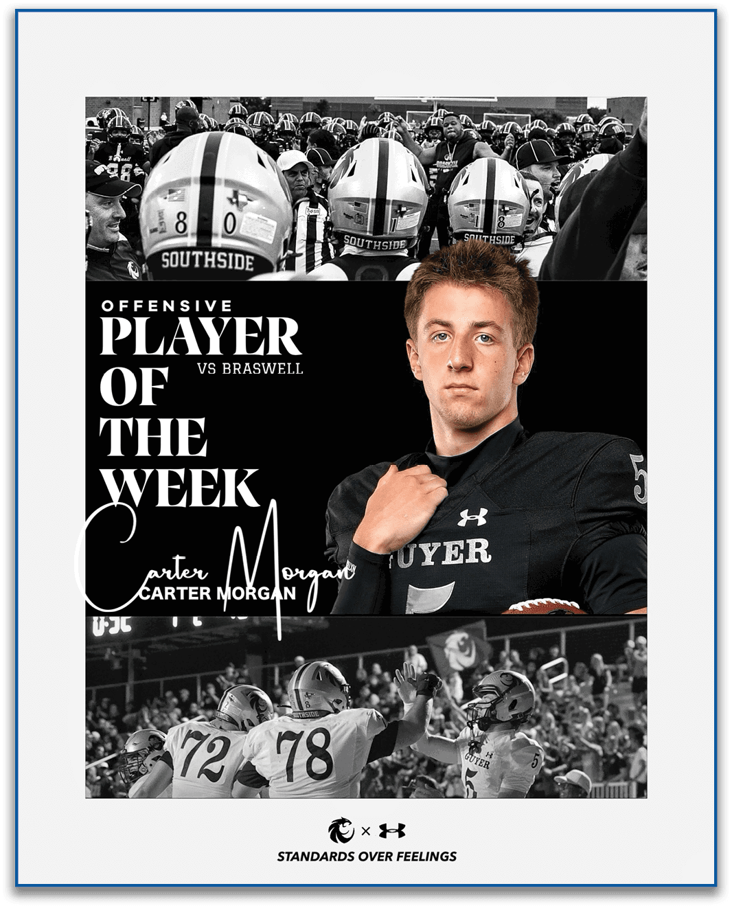 A sports graphic highlights an adult athlete named Carter Morgan as the offensive player of the week against Braswell, featuring the athlete in a black jersey holding a football with a background of teammates and a game scene in black and white. Description generated by AI
