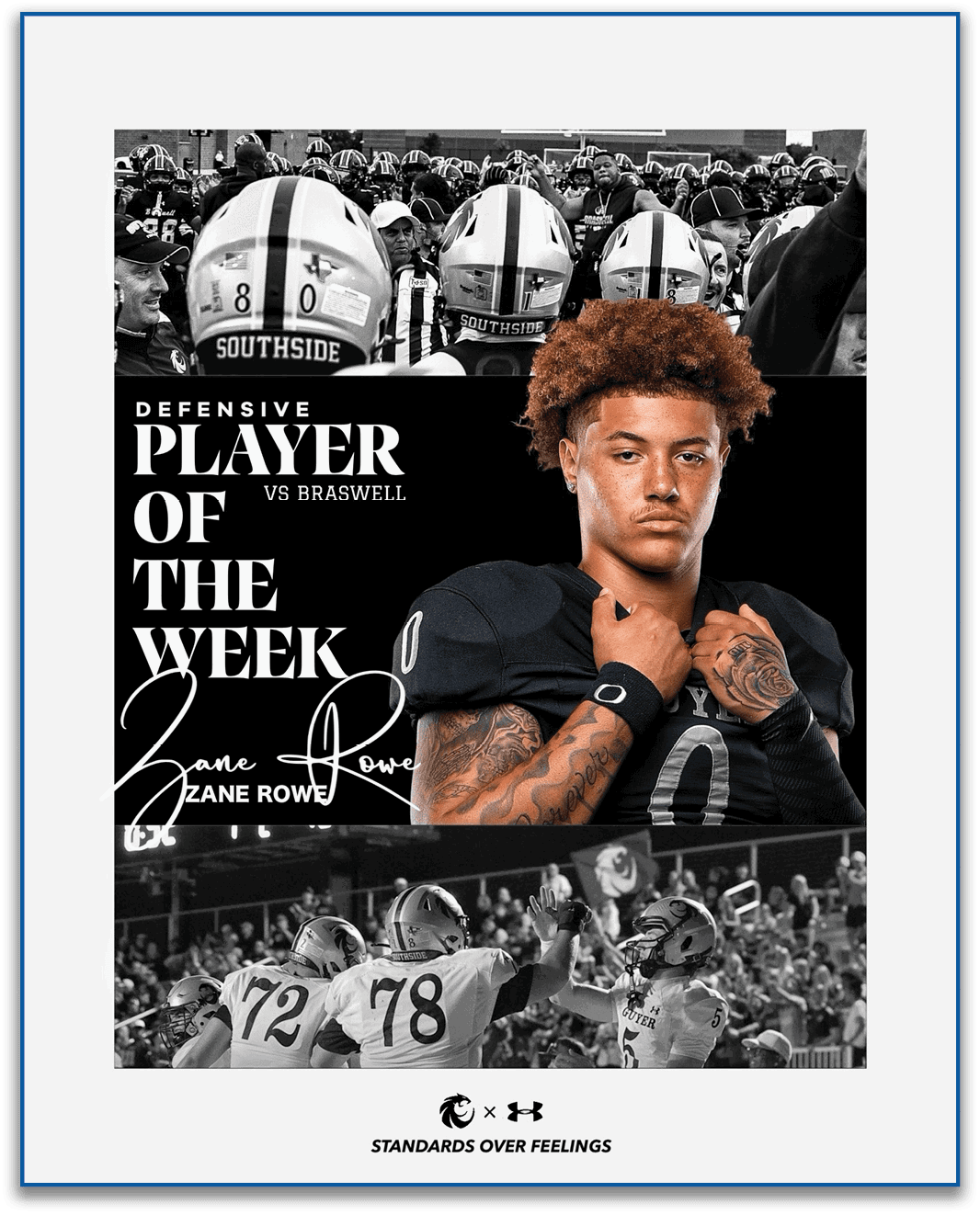 A sports graphic features a person with curly hair and tattoos wearing a black football uniform with the number zero, labeled as the defensive player of the week against Braswell, with black and white images of football players and a crowd in the background. Description generated by AI