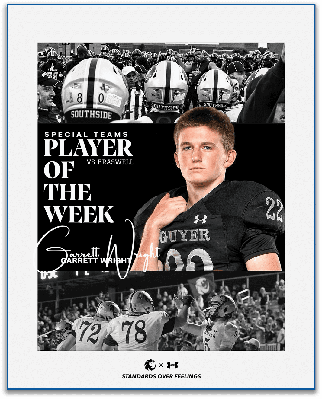 A sports graphic highlights a player in a football uniform named Garrett Wright as the special teams player of the week against Braswell, featuring black and white action shots of football players in the background. Description generated by AI