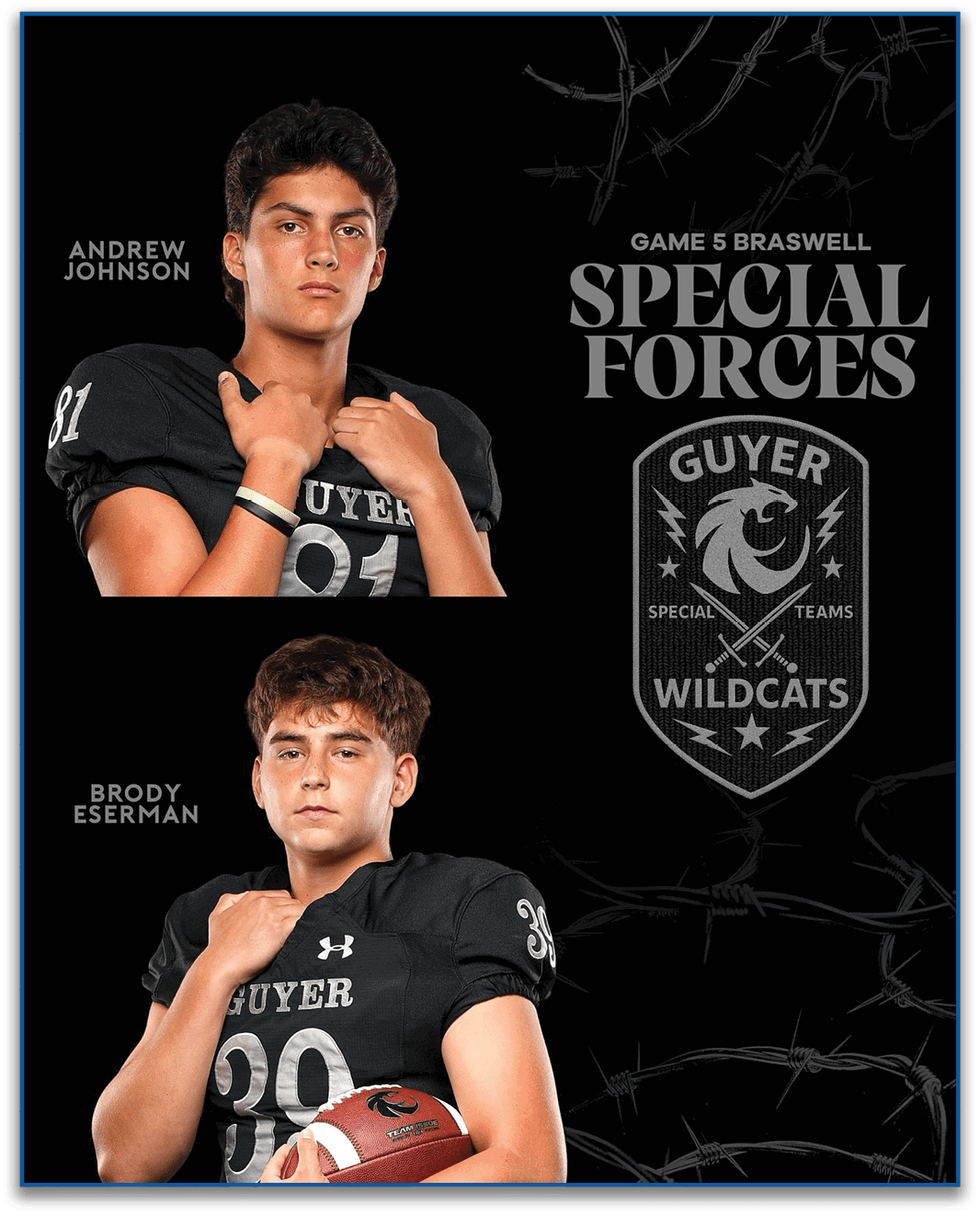 Two people wearing black football jerseys with the text “Guyer Wildcats" pose confidently against a black background with the words "Game 5 Braswell Special Forces" and a team logo. Description generated by AI
