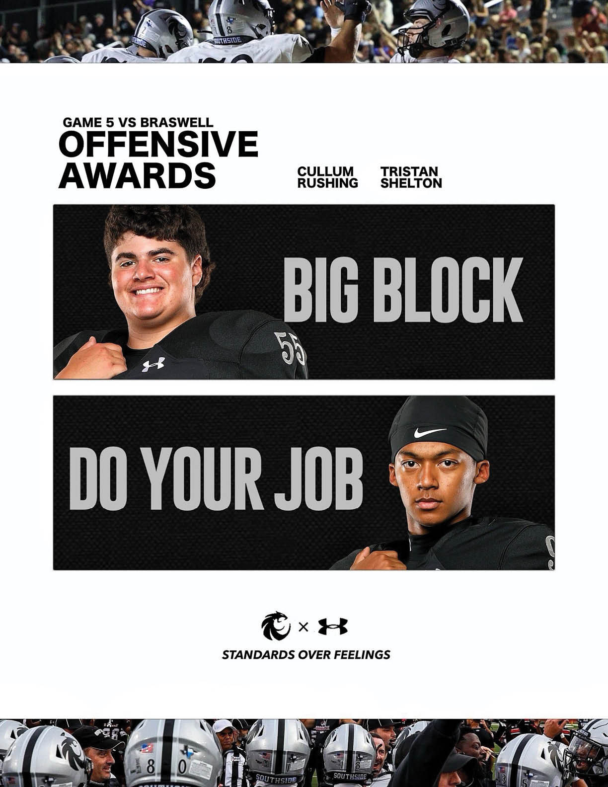 Two adults in black sports uniforms are featured with text highlighting offensive awards for a game between Braswell and another team, with phrases “BIG BLOCK" and "DO YOUR JOB" displayed prominently. Description generated by AI