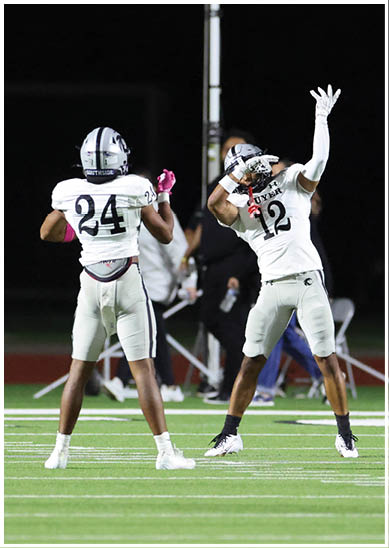 Two people in football uniforms are on a field at night, with one person raising an arm and the other facing them. Description generated by AI