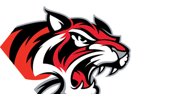A stylized, fierce tiger head logo with bold red, black, and white colors showing sharp teeth and an intense expression. Description generated by AI