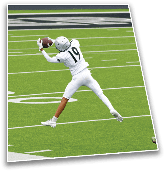A person in white football gear is leaping to catch a football on a green field with yard lines visible. Description generated by AI