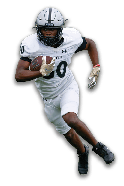 Person in white football uniform running with the ball during a game. Description generated by AI